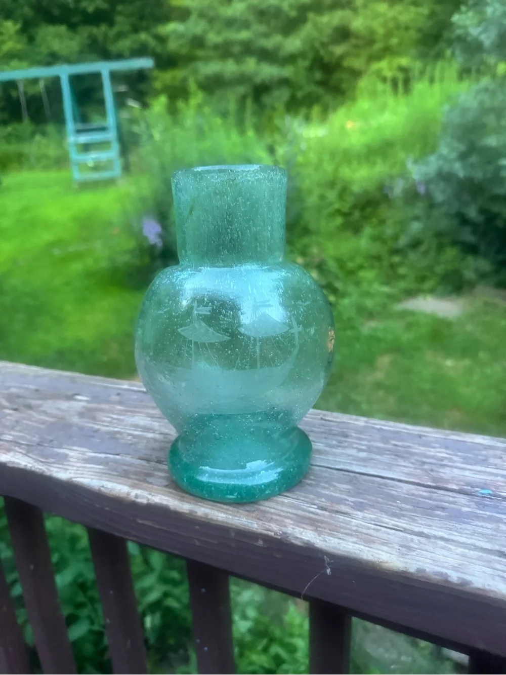 Aqua bubble glass handblown vase with boat etching very rare HTF EUC